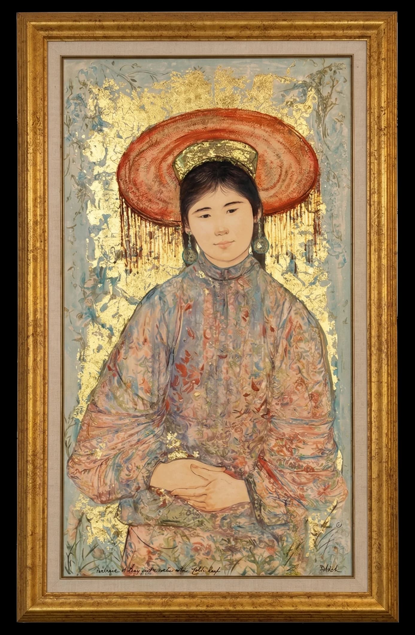 Framed Vietnamese lacquer painting with gold leaf
